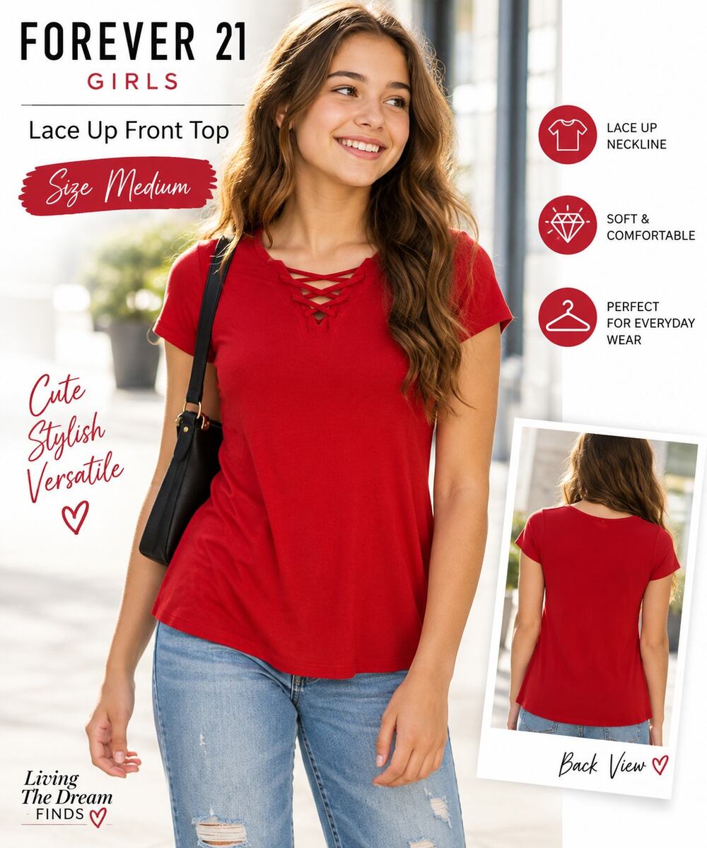 Forever 21 Girls Red Lace Up Front Short Sleeve Shirt Size Medium